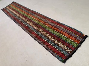 Old Turkish Kilim Runner 377x77 cm, shabby chic, vintage kelim Red Black