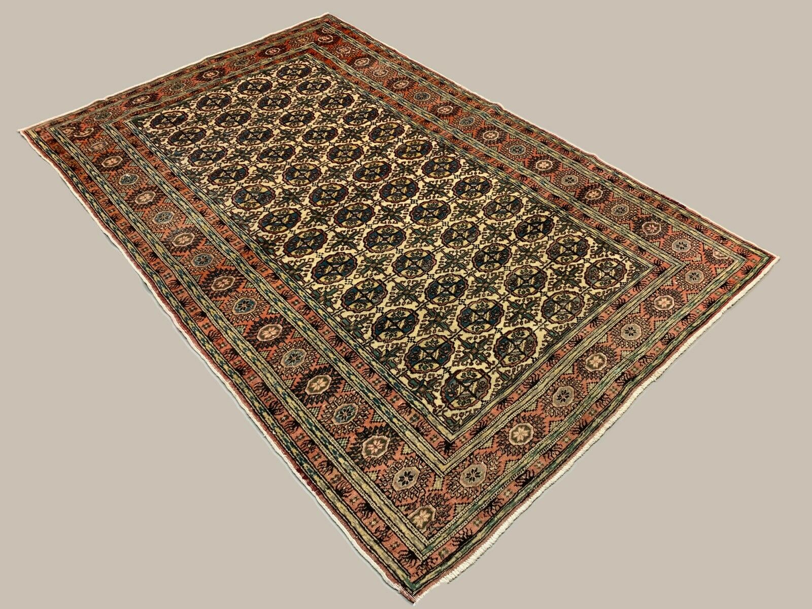 Distressed Turkish Rug 218x148 cm wool Vintage Turkoman Tekke Design Red, Beige kilimshop.myshopify.com