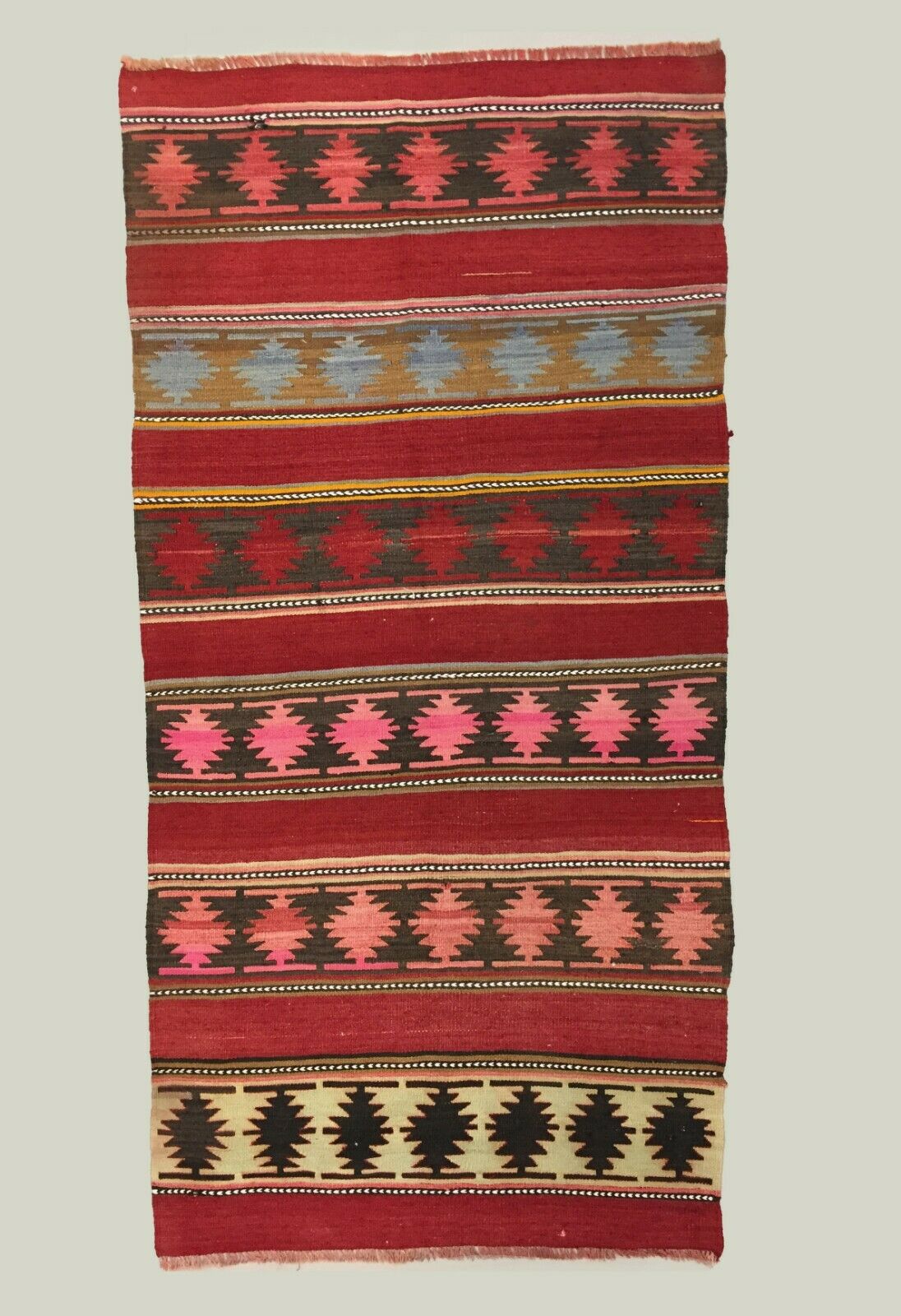 Vintage Turkish Kilim 190x94 cm Wool Kelim Rug Red Pink Black Beige Medium
