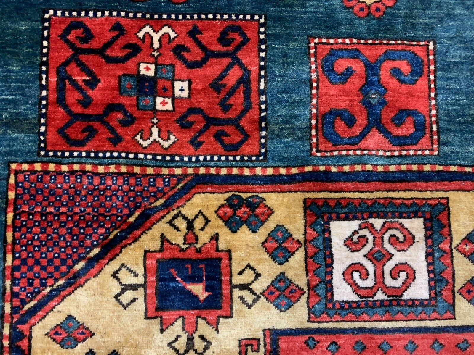 Vintage Kazak Rug 300x238 cm Afghan Large, Green Blue Red  Caucasian Karachoph kilimshop.myshopify.com