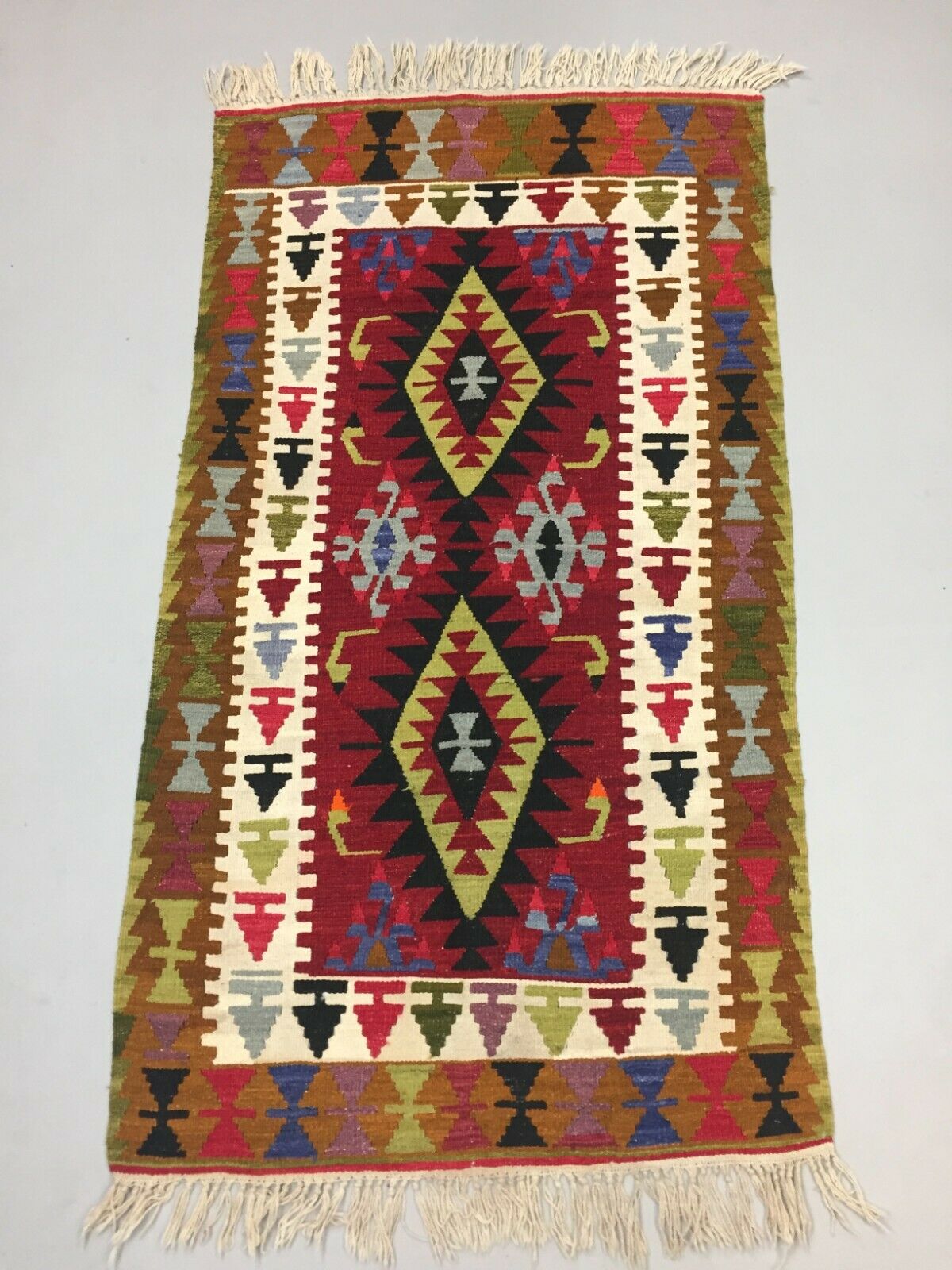 Vintage Turkish Kilim 180x96 cm Wool Kelim Rug Red Brown Green Beige Medium