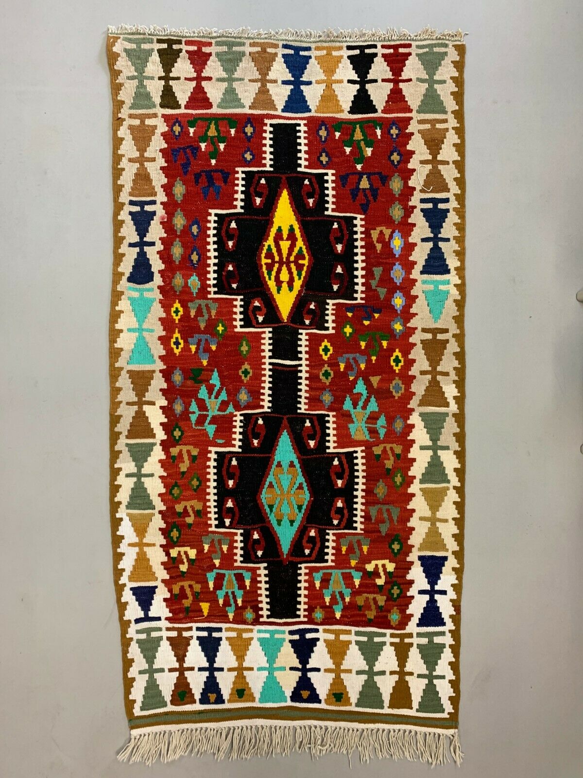 Small Vintage Turkish Kilim 180x93 cm Wool Kelim Rug Red Black Green Blue