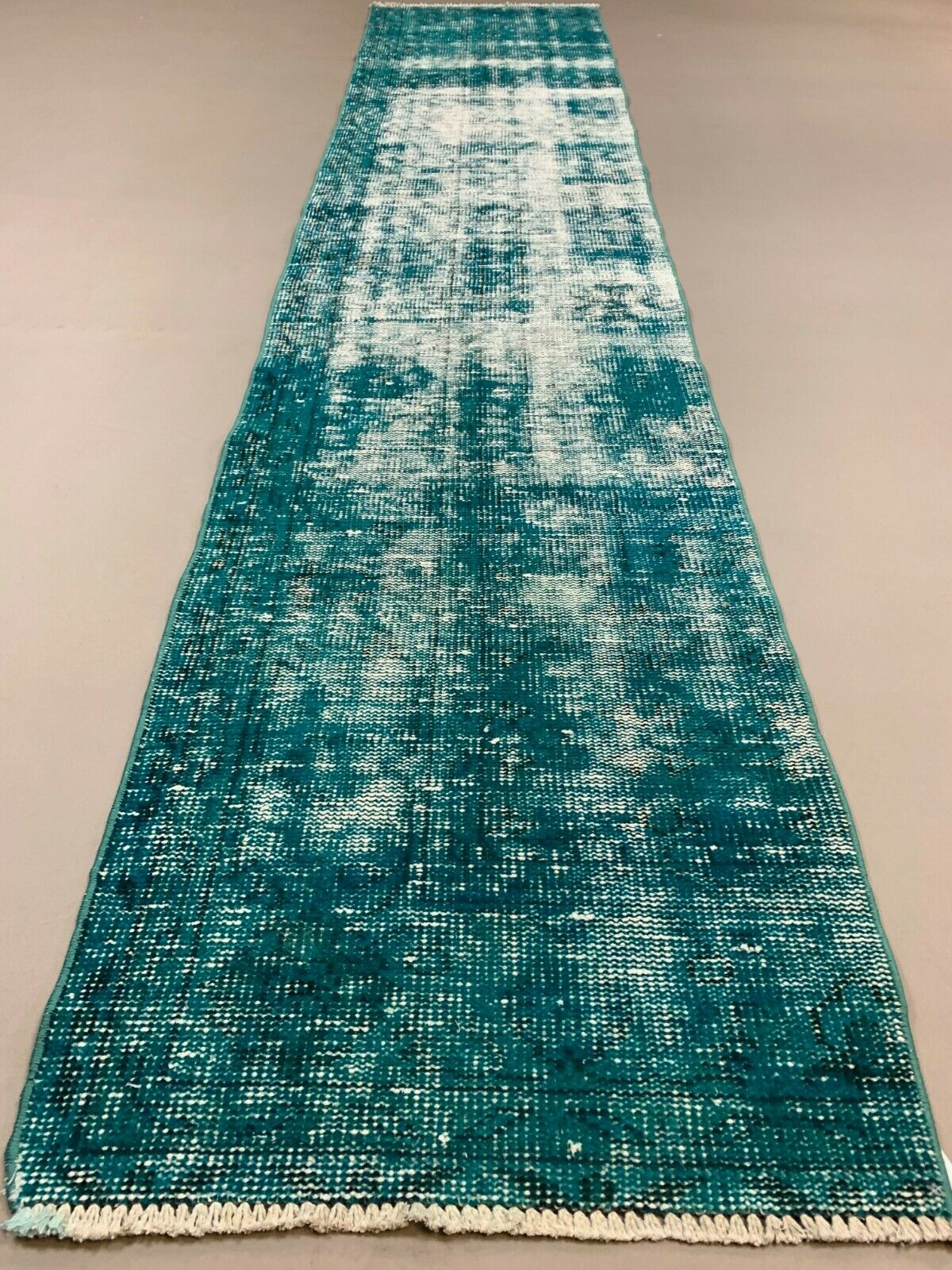 Distressed Turkish Narrow Runner 310x65 cm wool Vintage rug, Overdyed Green kilimshop.myshopify.com