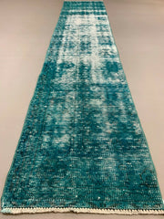 Distressed Turkish Narrow Runner 310x65 cm wool Vintage rug, Overdyed Green kilimshop.myshopify.com