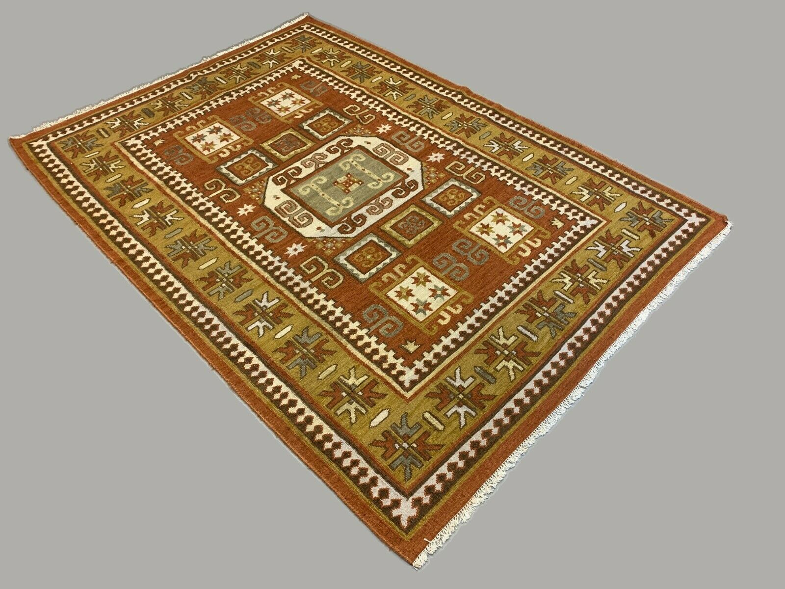 Vintage Turkish Kilim  240x173 cm, tribal Kelim Rug, Green, Beige, Brown, Large