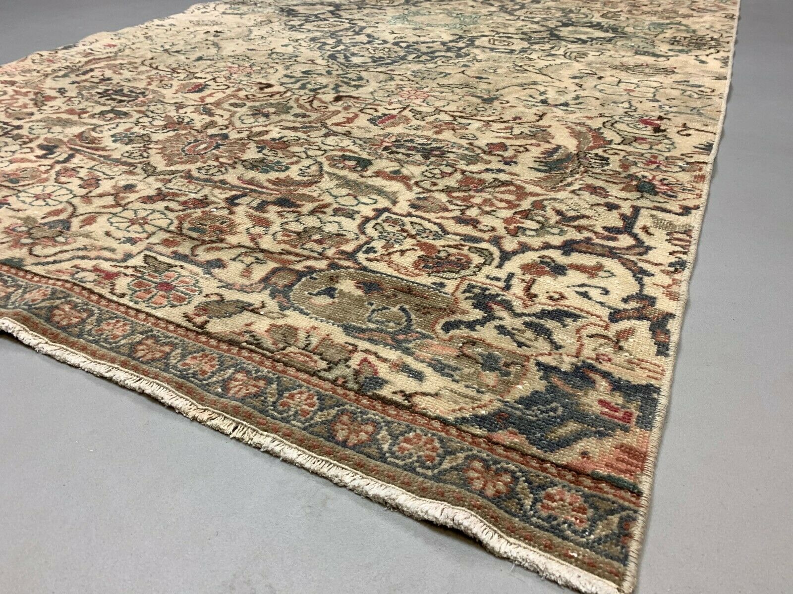 Distressed Turkish Rug 247x127 cm wool Vintage shabby Chic Runner Green, Beige kilimshop.myshopify.com