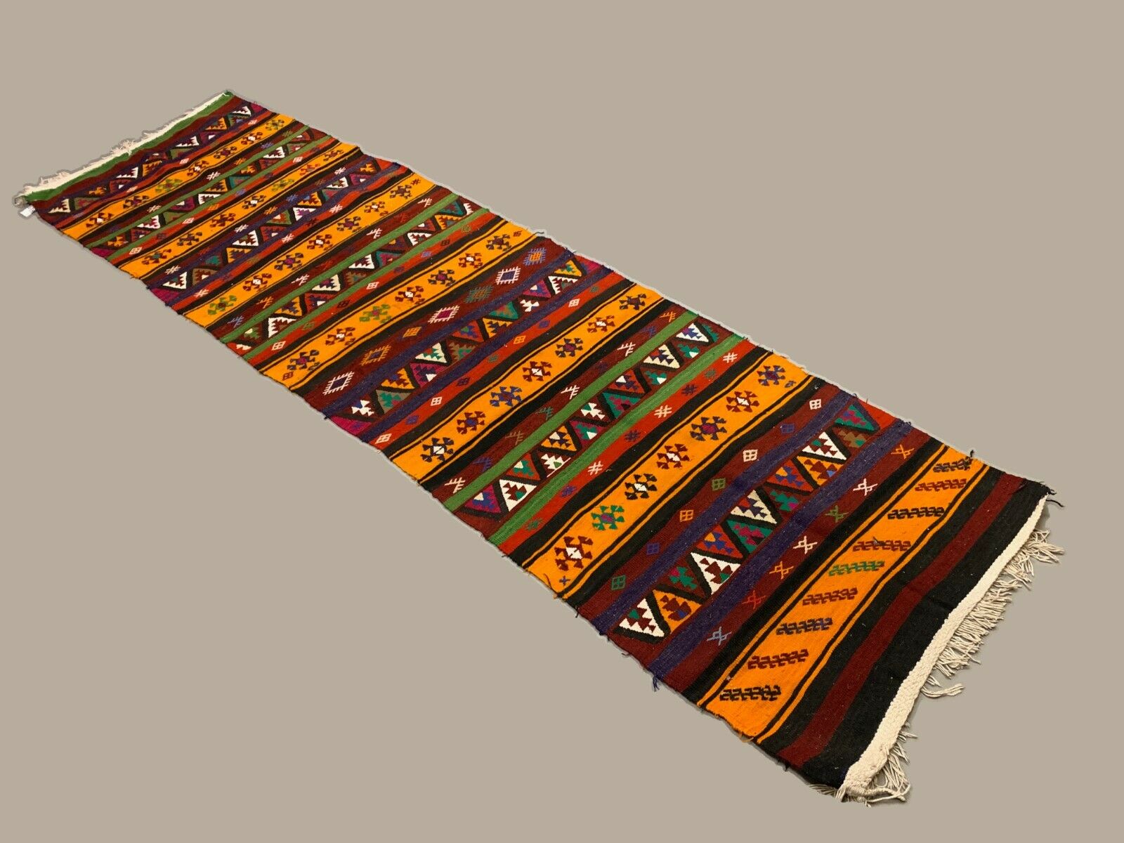 Vintage Turkish Kilim 337x182 cm Wool Kelim Rug Large Red Orange Green Runner