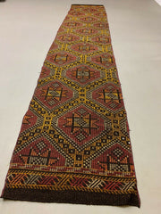 Old Turkish narrow Kilim Runner 314x64 cm, shabby chic, vintage kelim Red Black