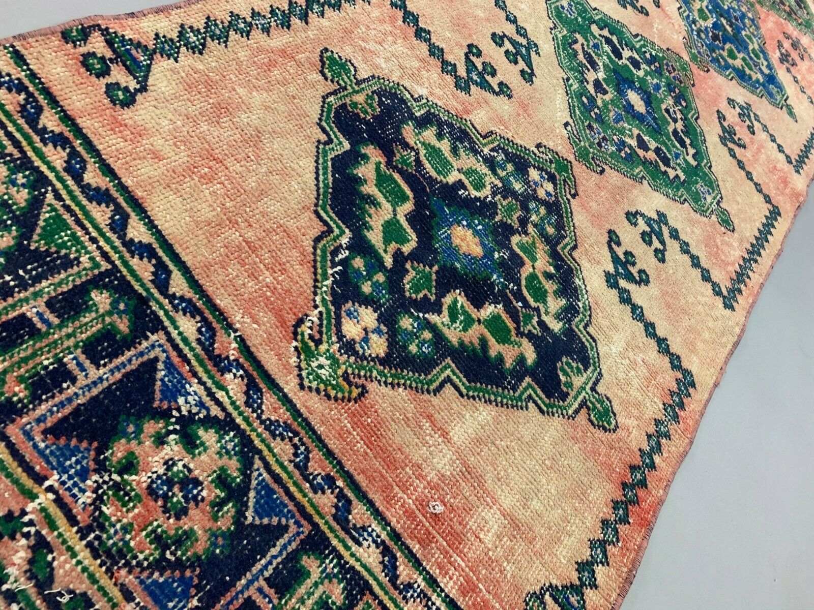 Distressed Turkish Runner 360x79 cm wool Vintage Tribal Rug Pink Green kilimshop.myshopify.com