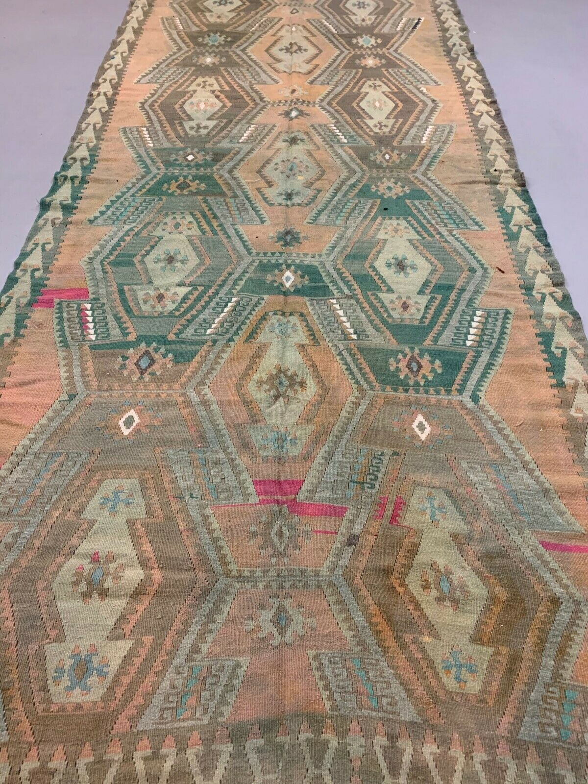 Vintage Turkish Kilim 405x136 cm Wool Kelim Rug Large Runner kilimshop.myshopify.com