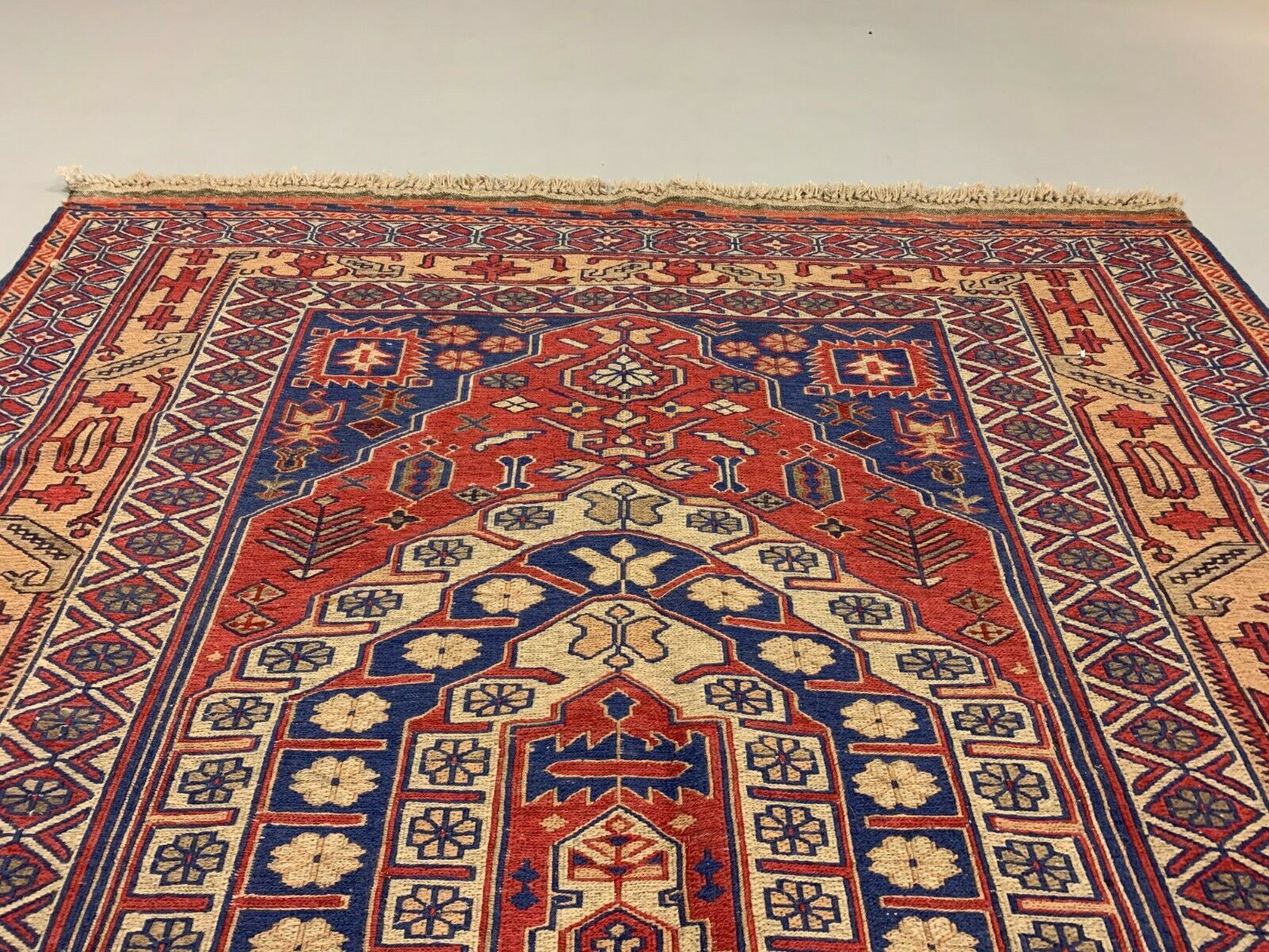 Vintage Afghan Soumak Kilim 245x153 cm, Kelim Rug cm Large Red, Blue, Beige kilimshop.myshopify.com