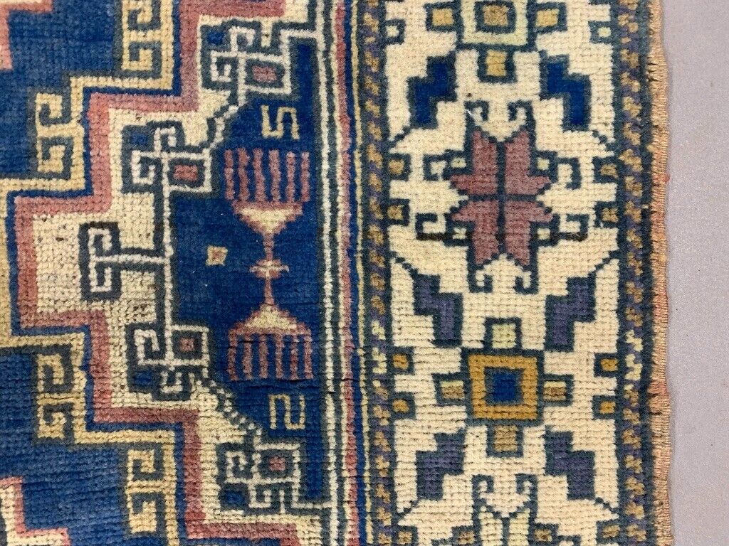 Vintage Turkish Runner 360x93 cm Kazak Rug, Terracotta Red, Beige Blue