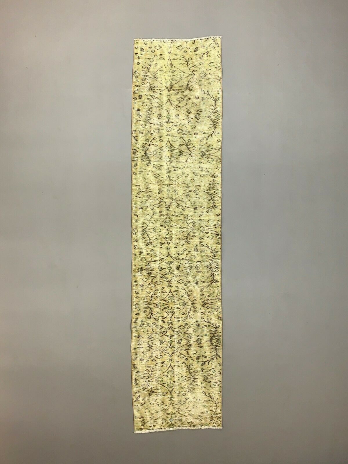 Distressed Turkish Narrow Runner 267x63 cm wool Vintage rug, Overdyed Yellow kilimshop.myshopify.com