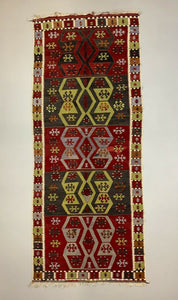 Vintage Turkish Kilim 300x152 cm Wool Kelim Rug Large Red Black Green Runner