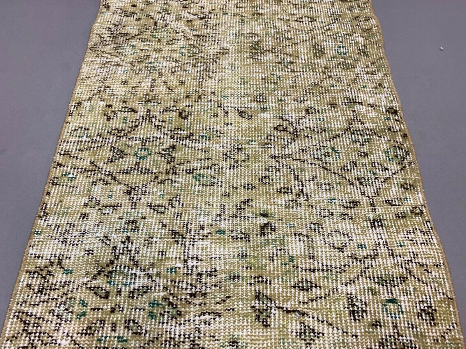 Distressed Turkish Narrow Runner 274x65 cm wool Vintage rug, Overdyed Yellow kilimshop.myshopify.com