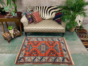 Old Turkish Kazak Rug Oriental 132x95 cm vintage tribal carpet, Red and Blue