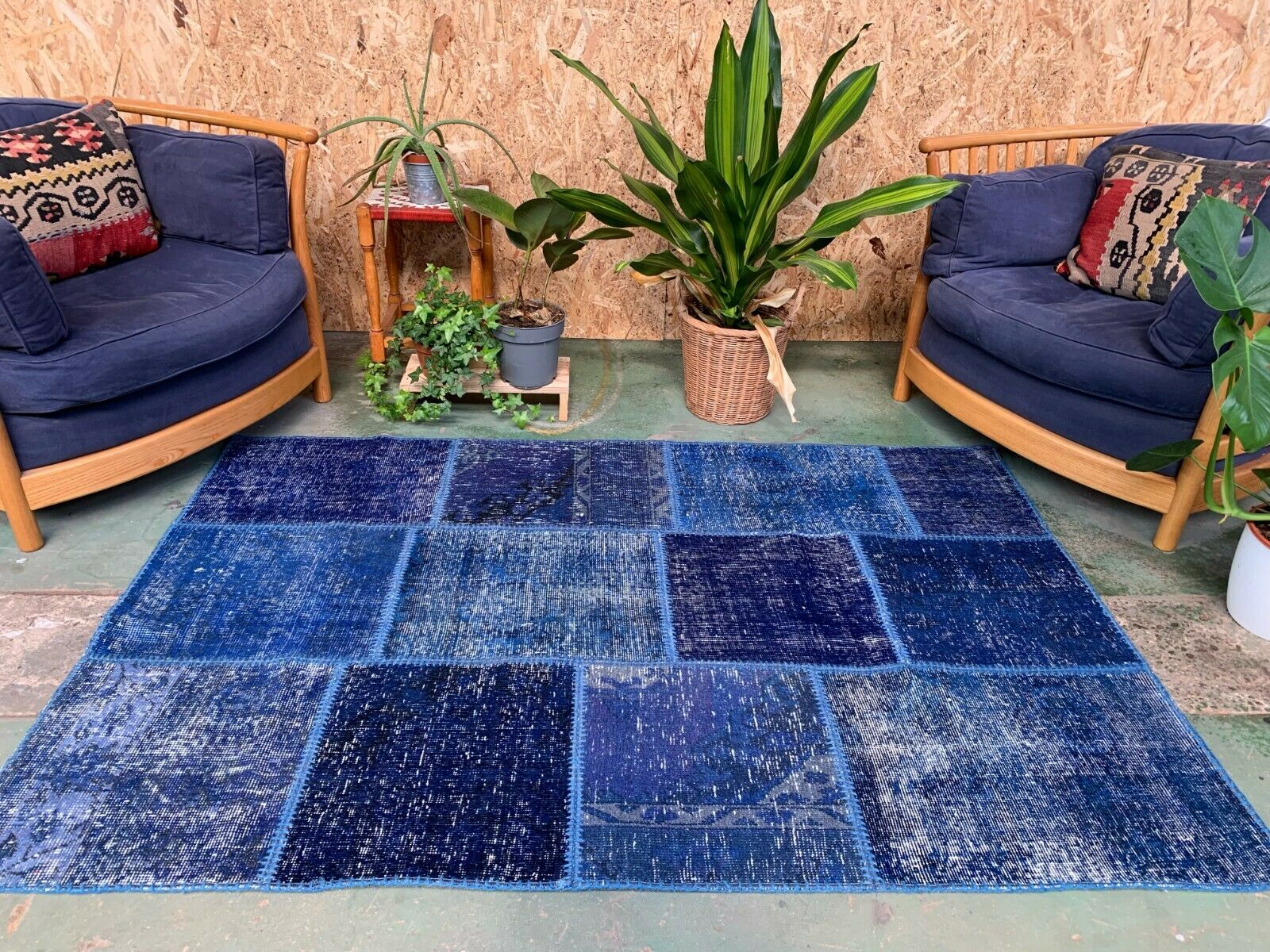 Distressed Turkish Patchwork Rug 183x123 cm Vintage shabby Tribal Blue Medium