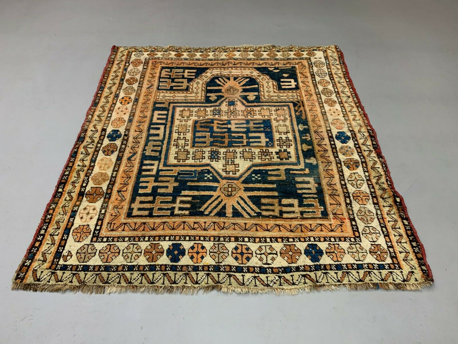 Antique Dagestan Kazak Rug 124x114 cm Caucasian, Gold, Blue, Rust Square Medium