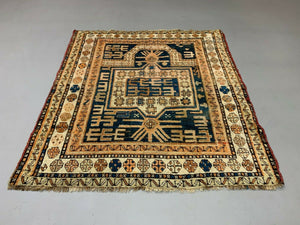 Antique Dagestan Kazak Rug 124x114 cm Caucasian, Gold, Blue, Rust Square Medium