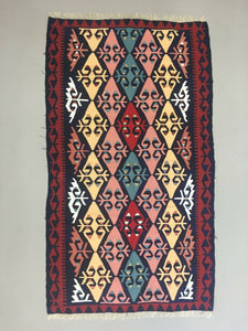 Vintage Turkish Kilim 177x103 cm Wool Kelim Rug Red Blue Pink Black Medium