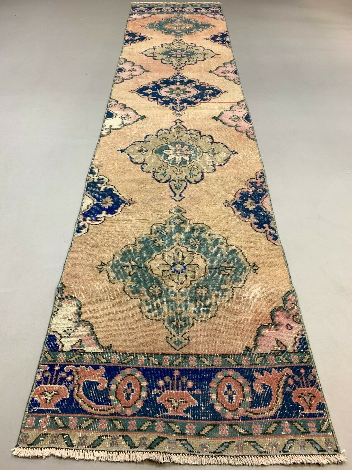 Distressed Turkish Runner 370x86 cm wool Vintage Tribal Rug Black Pink Beige kilimshop.myshopify.com