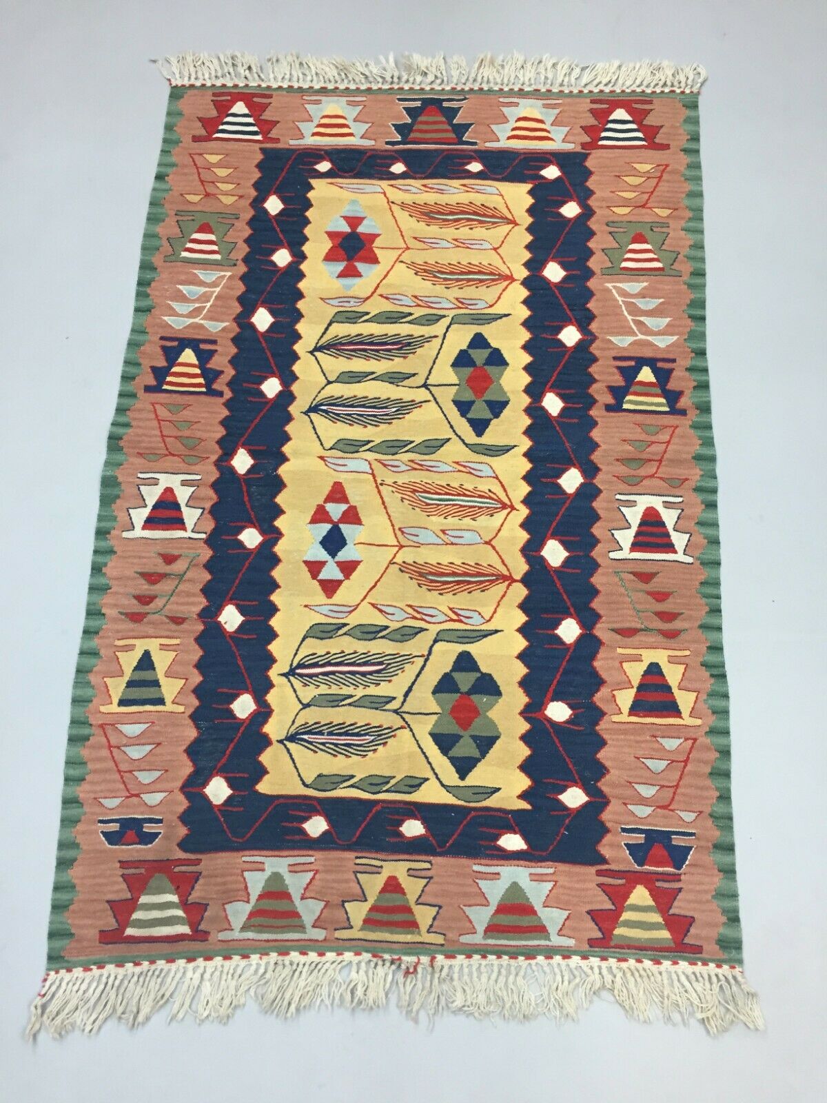 Vintage Turkish Kilim 170x110 cm Wool Kelim Rug Beige Blue Pink Yellow Medium