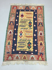 Vintage Turkish Kilim 170x110 cm Wool Kelim Rug Beige Blue Pink Yellow Medium