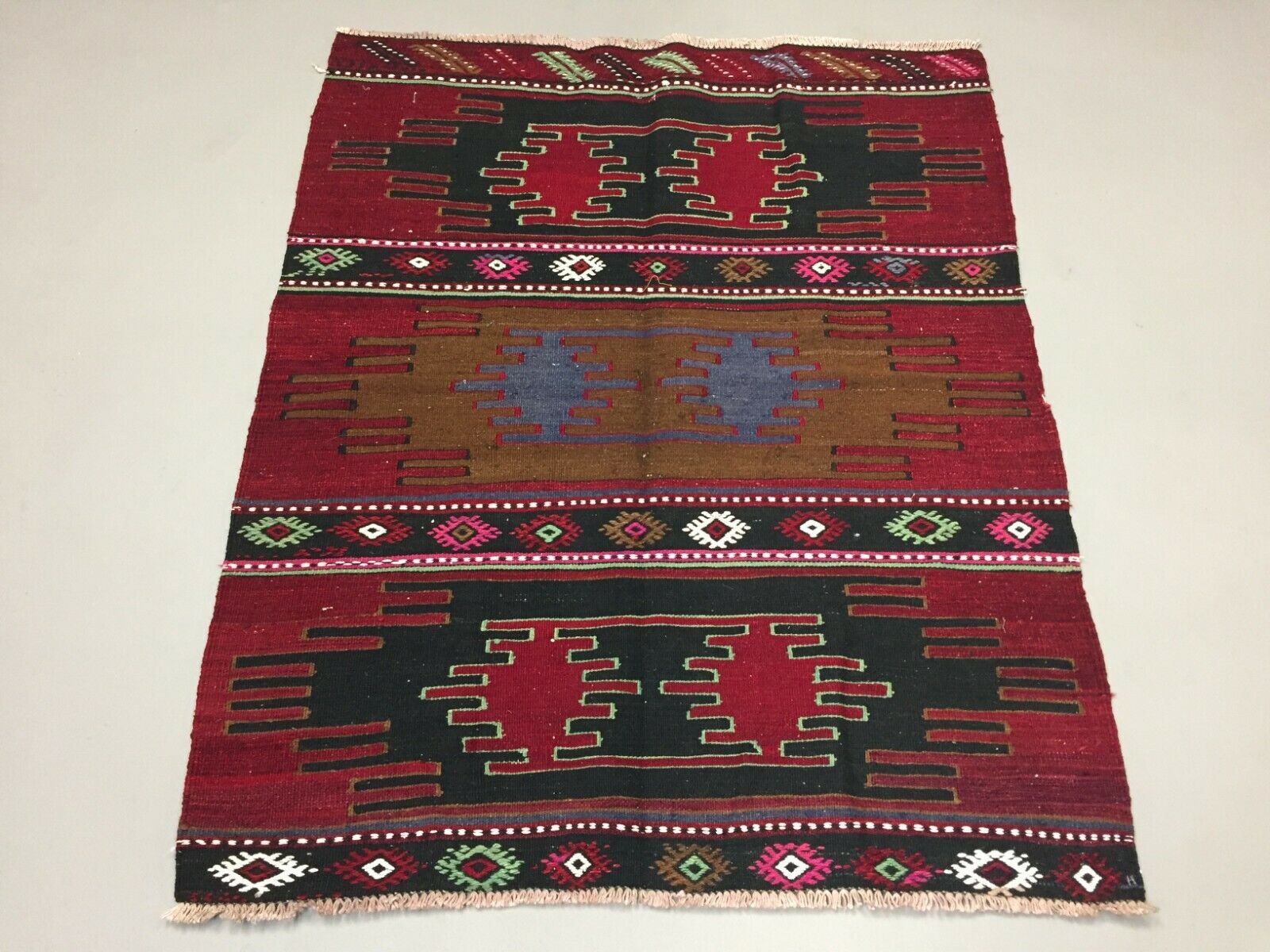 Small Vintage Square Turkish Kilim 123x100 cm Tribal Kelim Rug, Black, Red, Blue