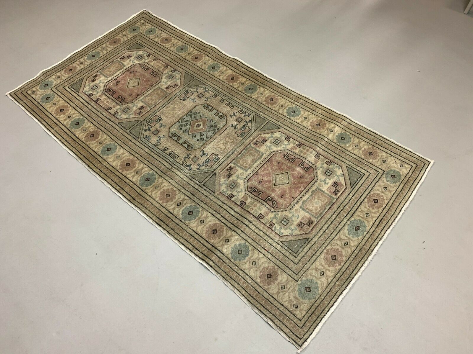 Distressed Turkish Rug 193x100 cm wool Vintage shabby Chic Tribal Blue, Beige kilimshop.myshopify.com