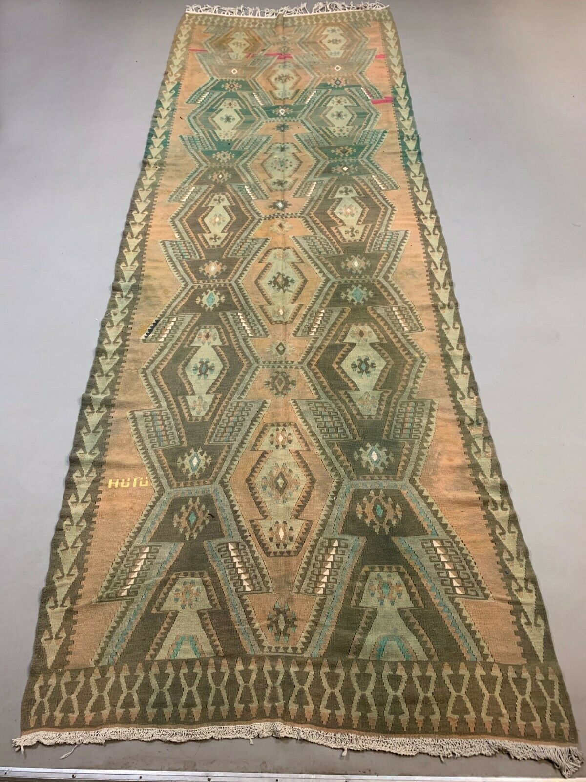 Vintage Turkish Kilim 405x136 cm Wool Kelim Rug Large Runner kilimshop.myshopify.com