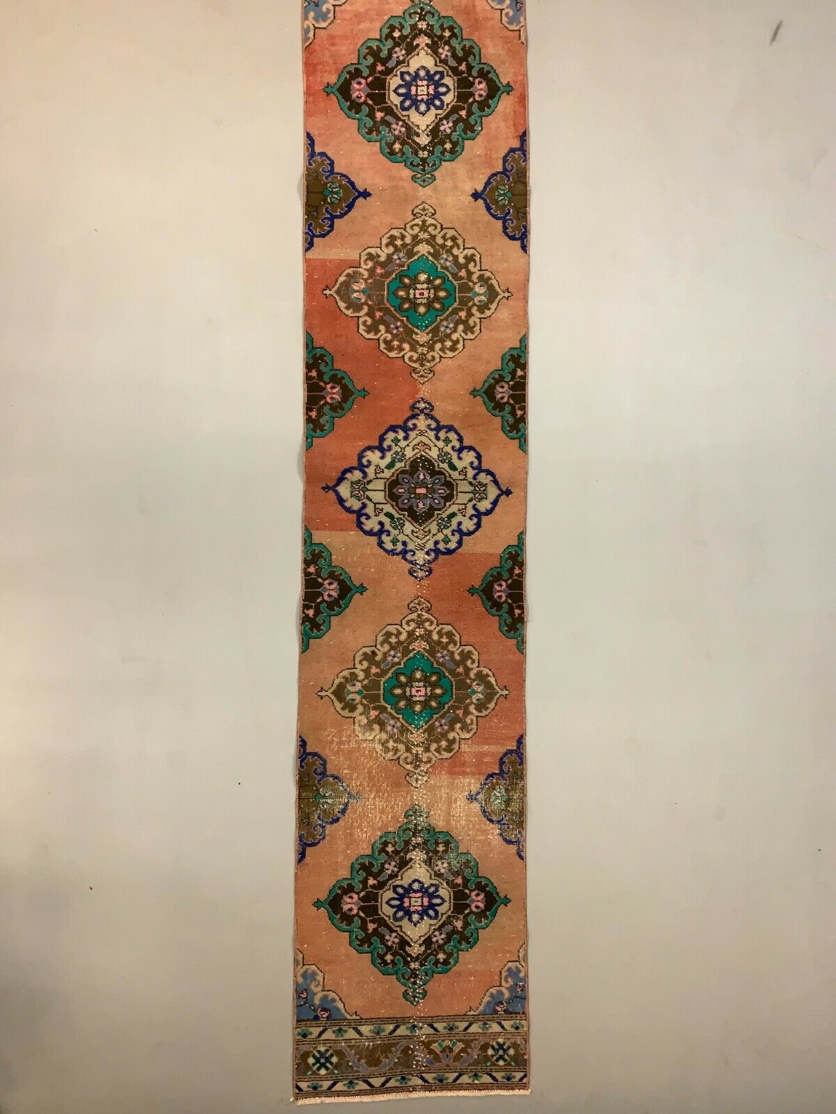 Distressed Turkish Runner 380x72 cm wool Vintage Tribal Rug Pink Green kilimshop.myshopify.com