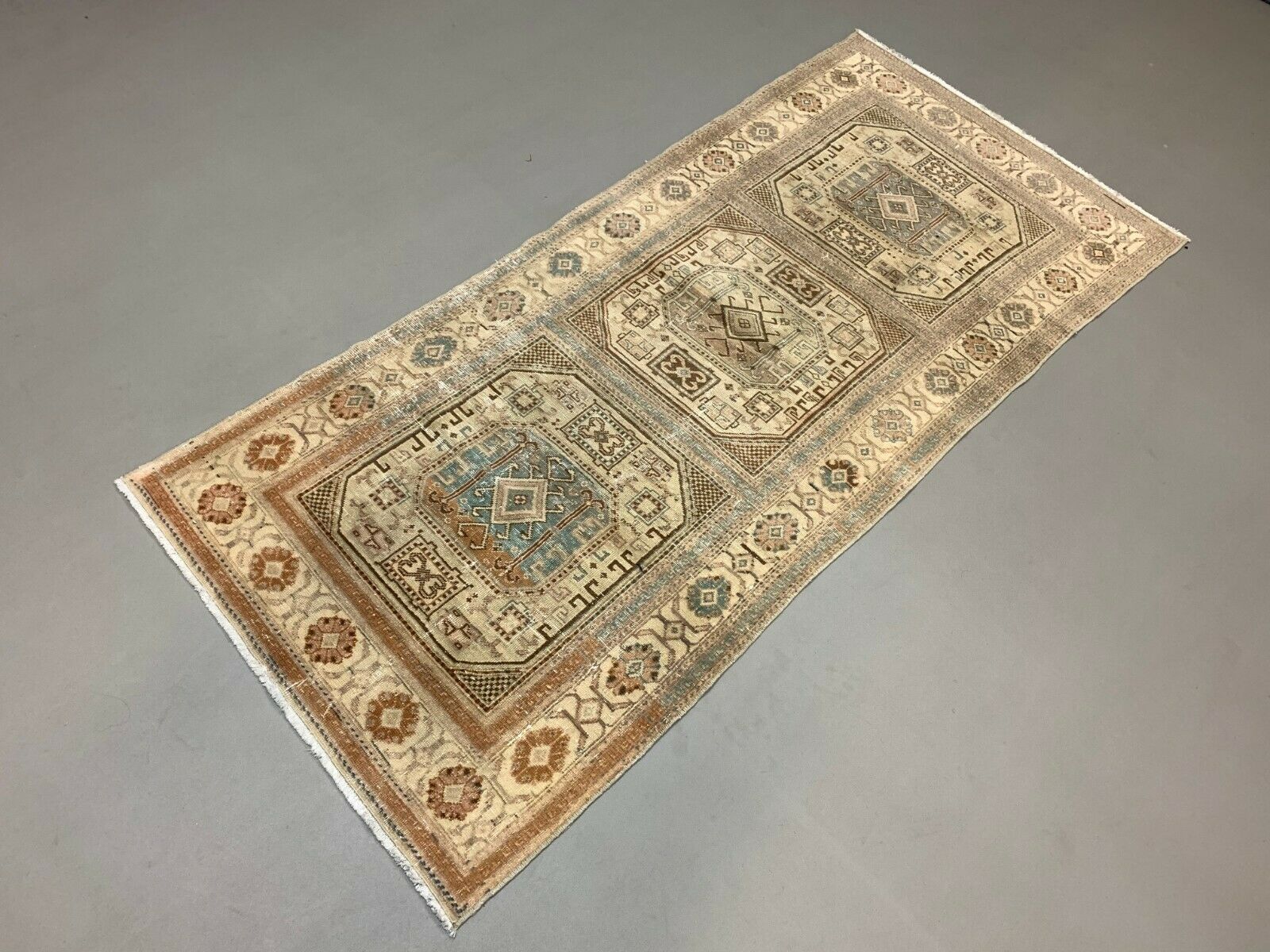 Distressed Turkish Rug 197x90 cm wool Vintage shabby Chic Tribal Blue, Beige kilimshop.myshopify.com