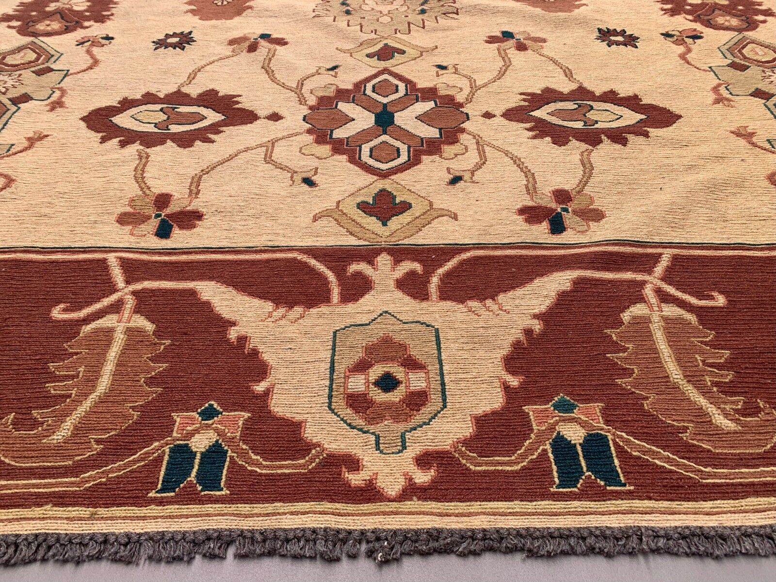 XL Vintage Afghan Soumak Kilim 295x241 cm Kelim Rug Large Ushak Design Beige