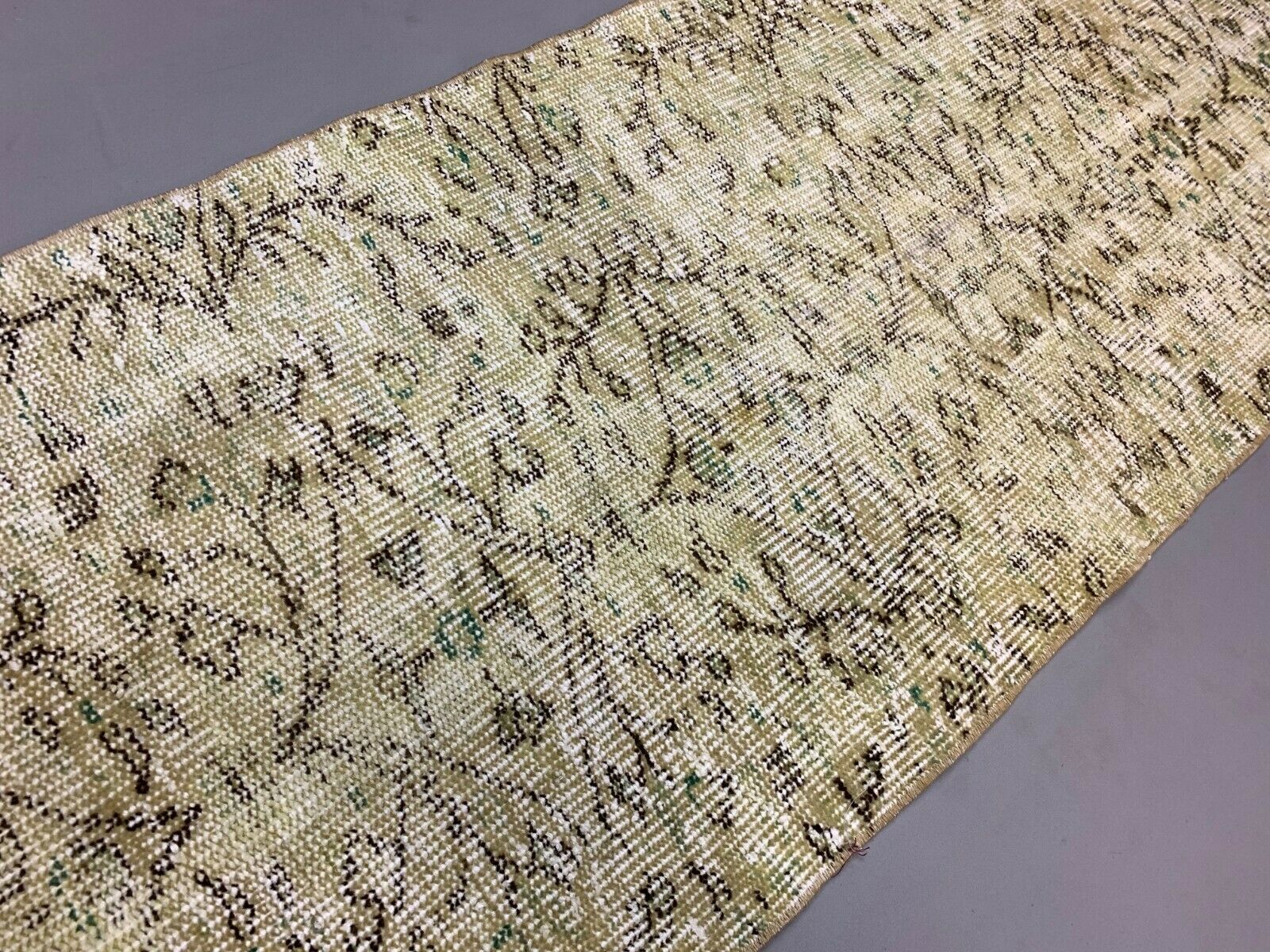 Distressed Turkish Narrow Runner 267x63 cm wool Vintage rug, Overdyed Yellow kilimshop.myshopify.com