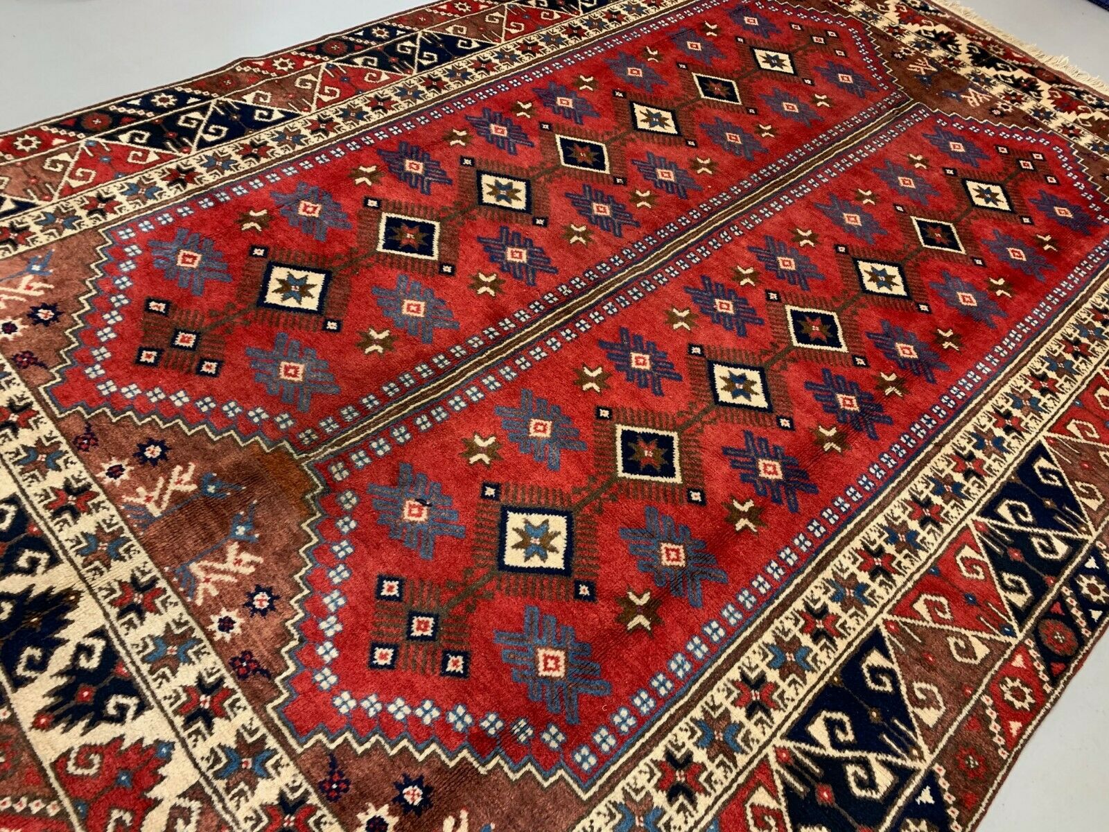 Vintage Turkish Tribal Rug 300x200 cm Turkish Carpet Red Navy Blue Beige Large