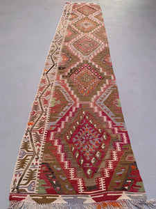 Old Turkish narrow Kilim Runner 390x77 cm, shabby chic, vintage decor kelim rug