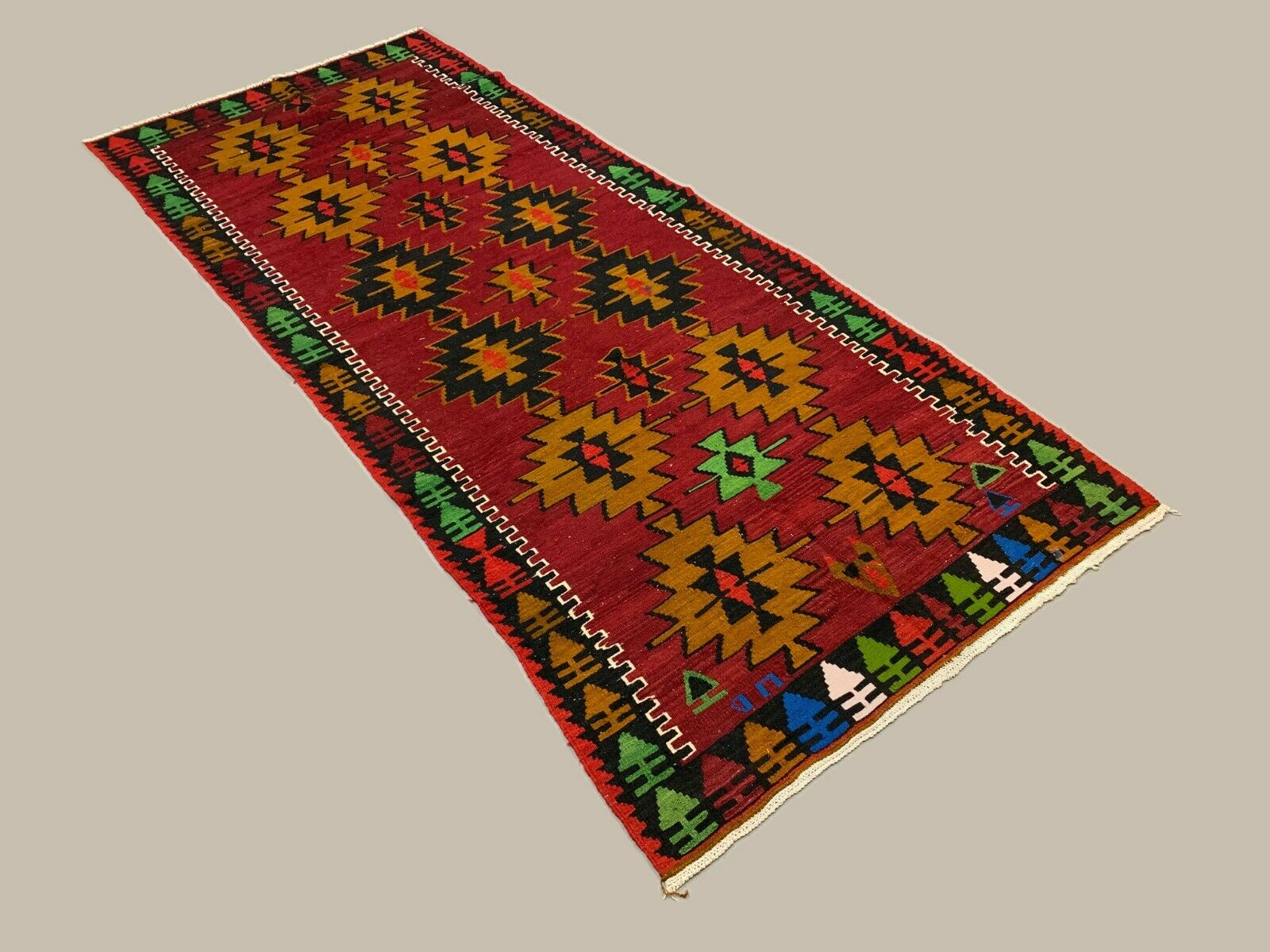 Vintage Turkish Kilim 283x121 cm Wool Kelim Rug Large Red Black Purple Runner