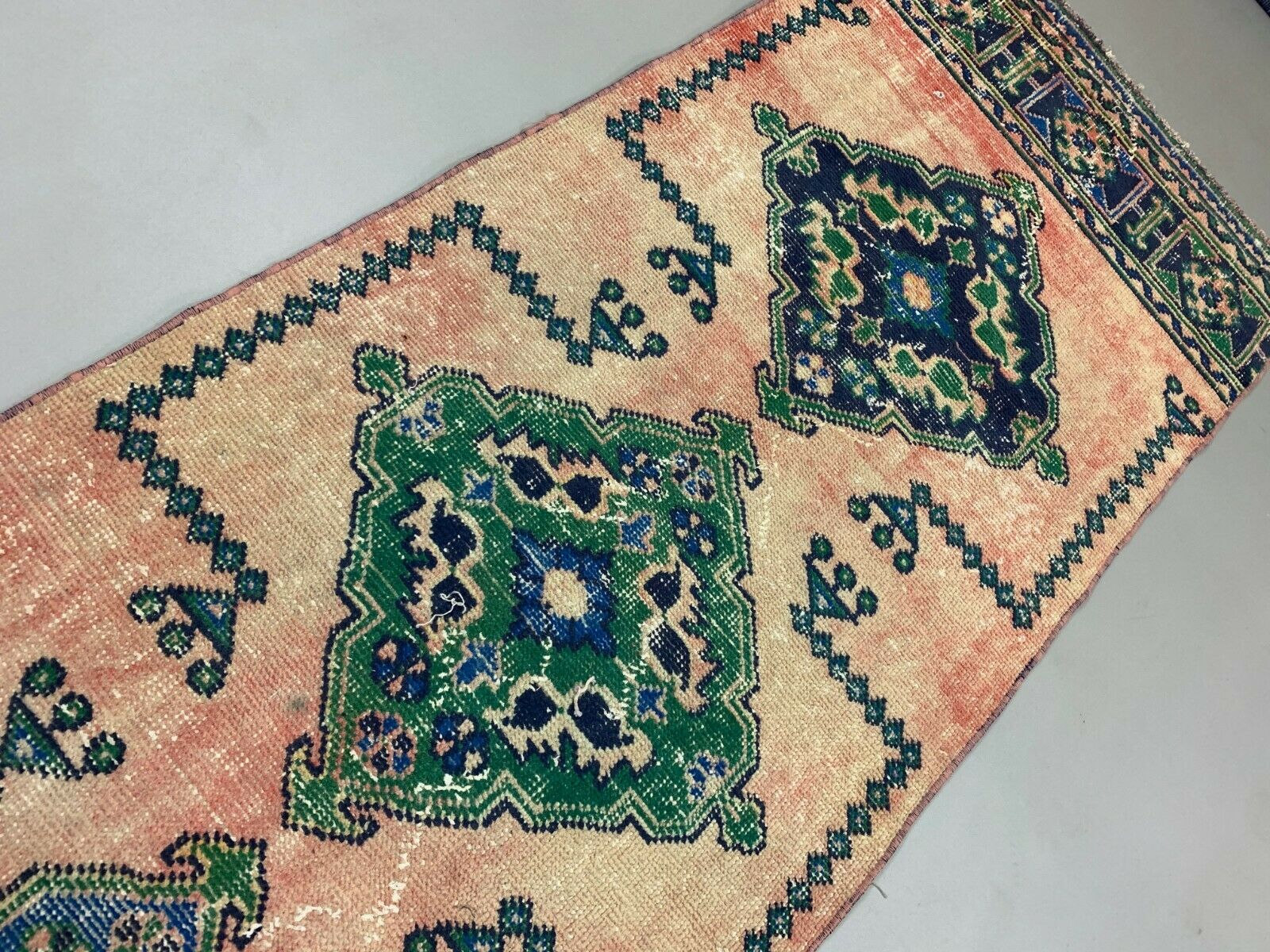 Distressed Turkish Runner 360x79 cm wool Vintage Tribal Rug Pink Green kilimshop.myshopify.com