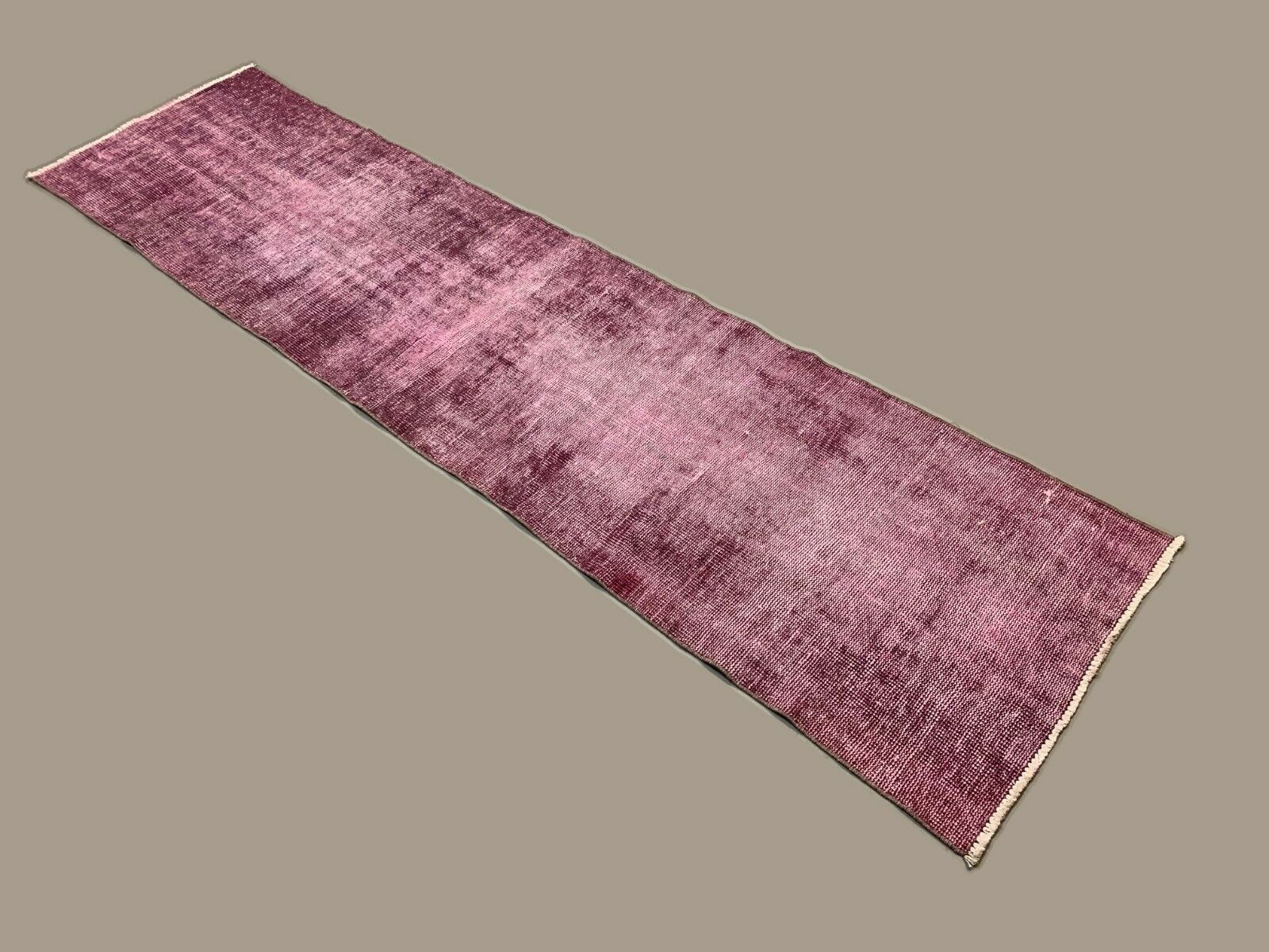 Distressed Turkish Narrow Runner 295x71 cm wool Vintage rug, Overdyed Purple kilimshop.myshopify.com
