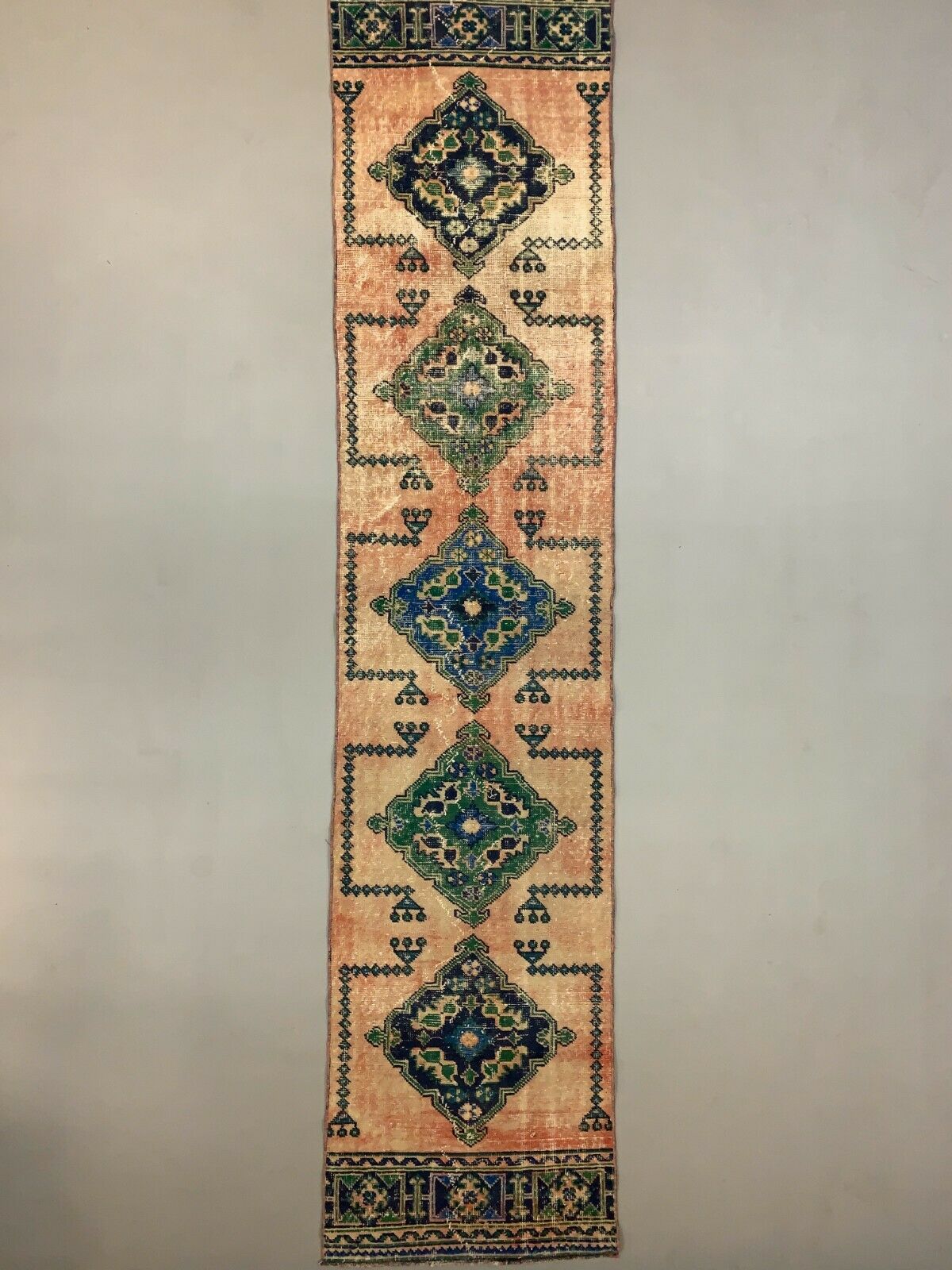 Distressed Turkish Runner 360x79 cm wool Vintage Tribal Rug Pink Green kilimshop.myshopify.com