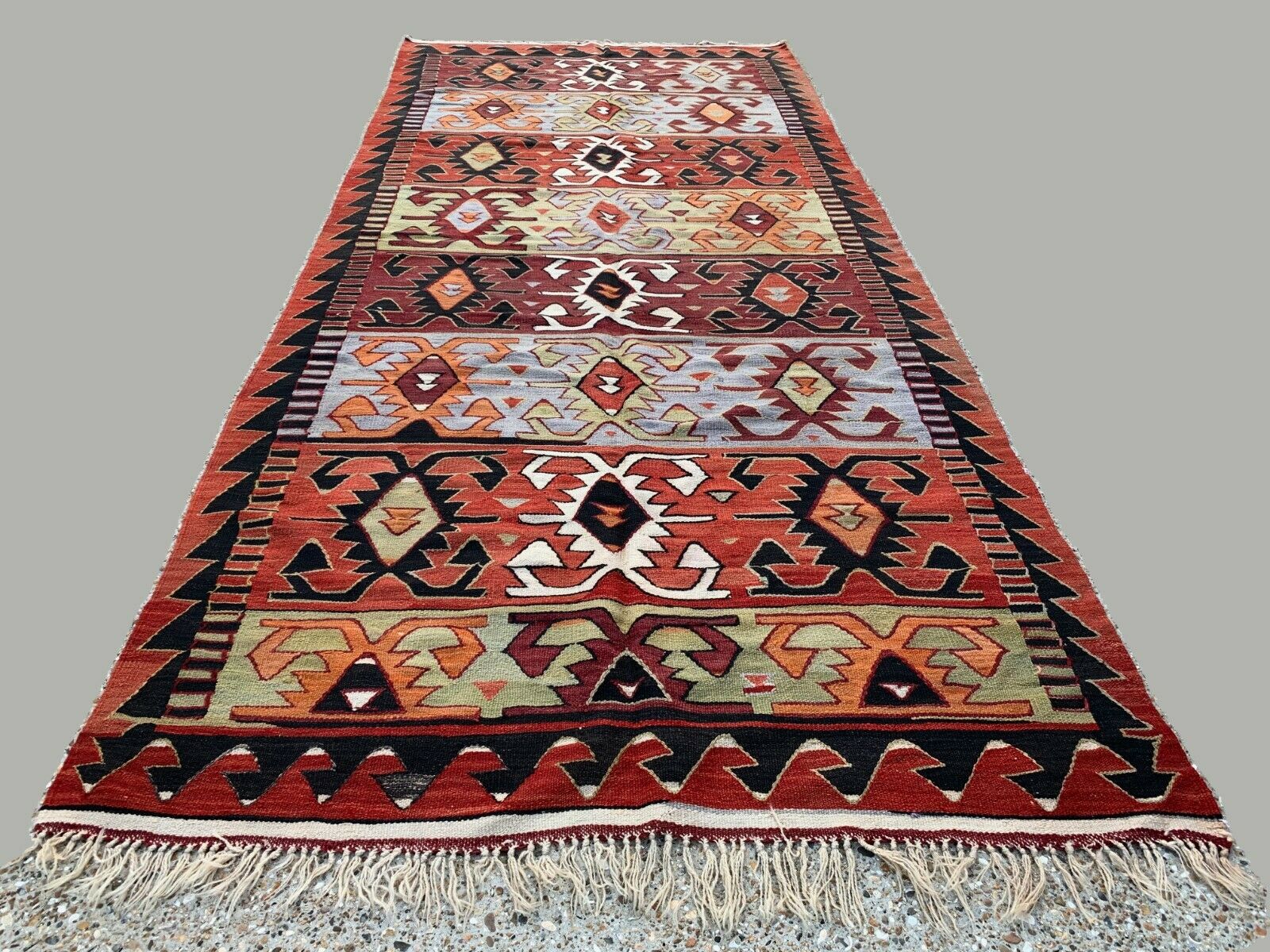 Vintage Turkish Kilim 369x160 cm Tribal Kelim Rug Large Pink, Blue, Beige, Black