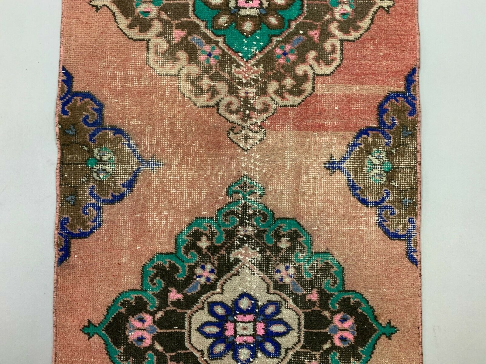 Distressed Turkish Runner 380x72 cm wool Vintage Tribal Rug Pink Green kilimshop.myshopify.com