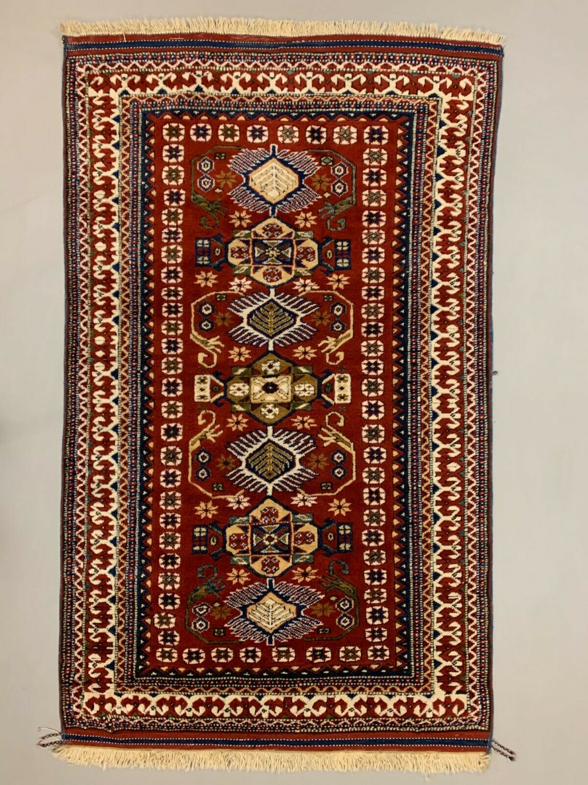 Vintage Turkish Bergama Rug  200x120 cm Red Blue and Beige kilimshop.myshopify.com