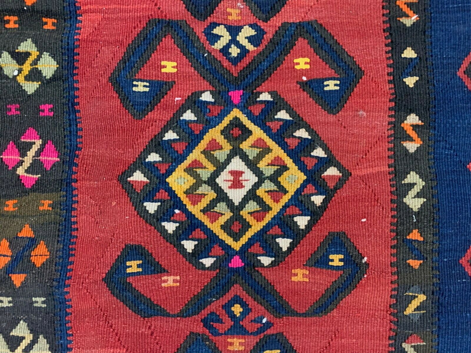 Vintage Turkish Kilim 264x110 cm Wool Kelim Rug Large Red Navy Runner kilimshop.myshopify.com