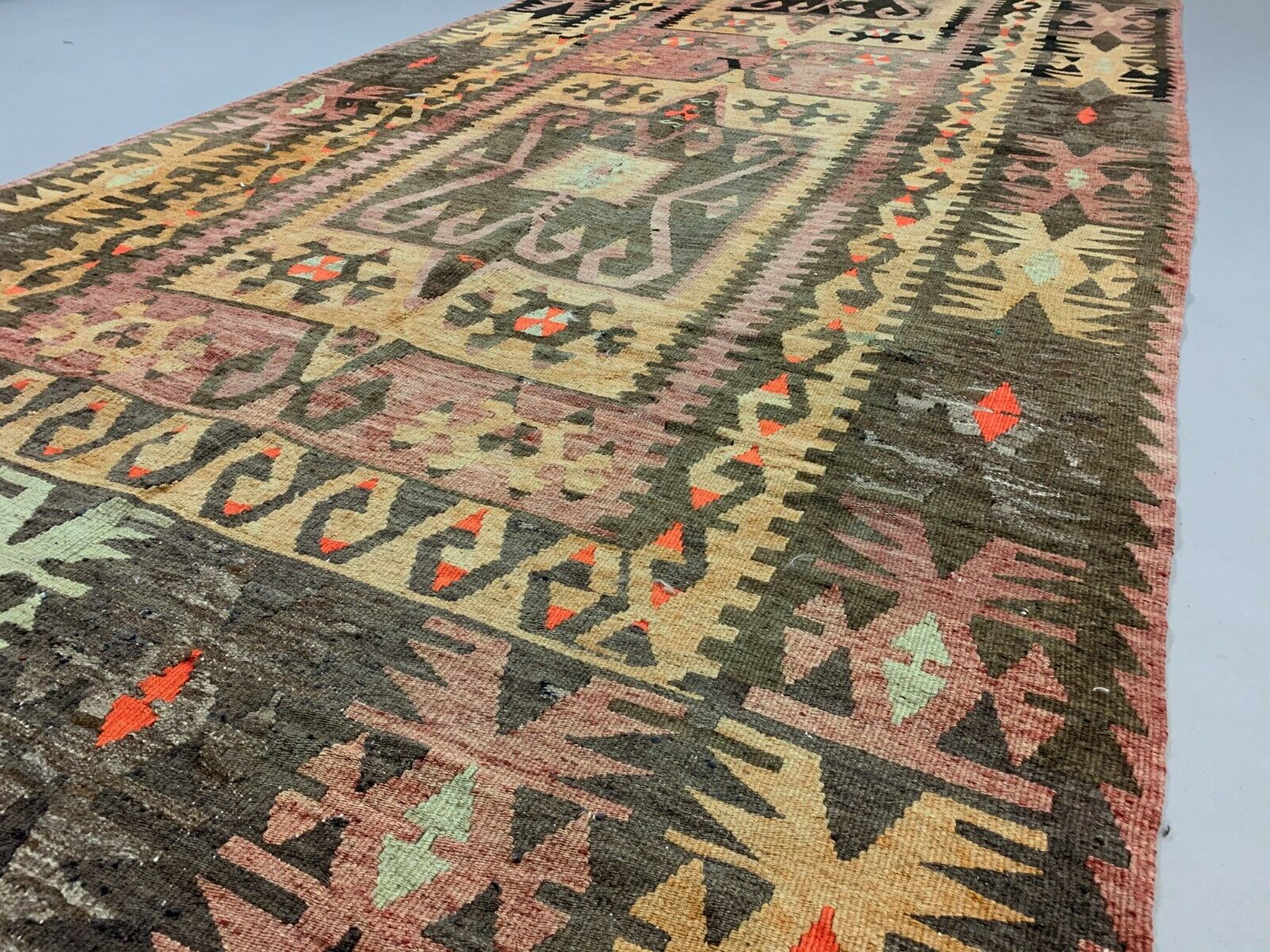 Vintage Turkish Kilim 350x140 cm Wool Kelim Rug Large kilimshop.myshopify.com