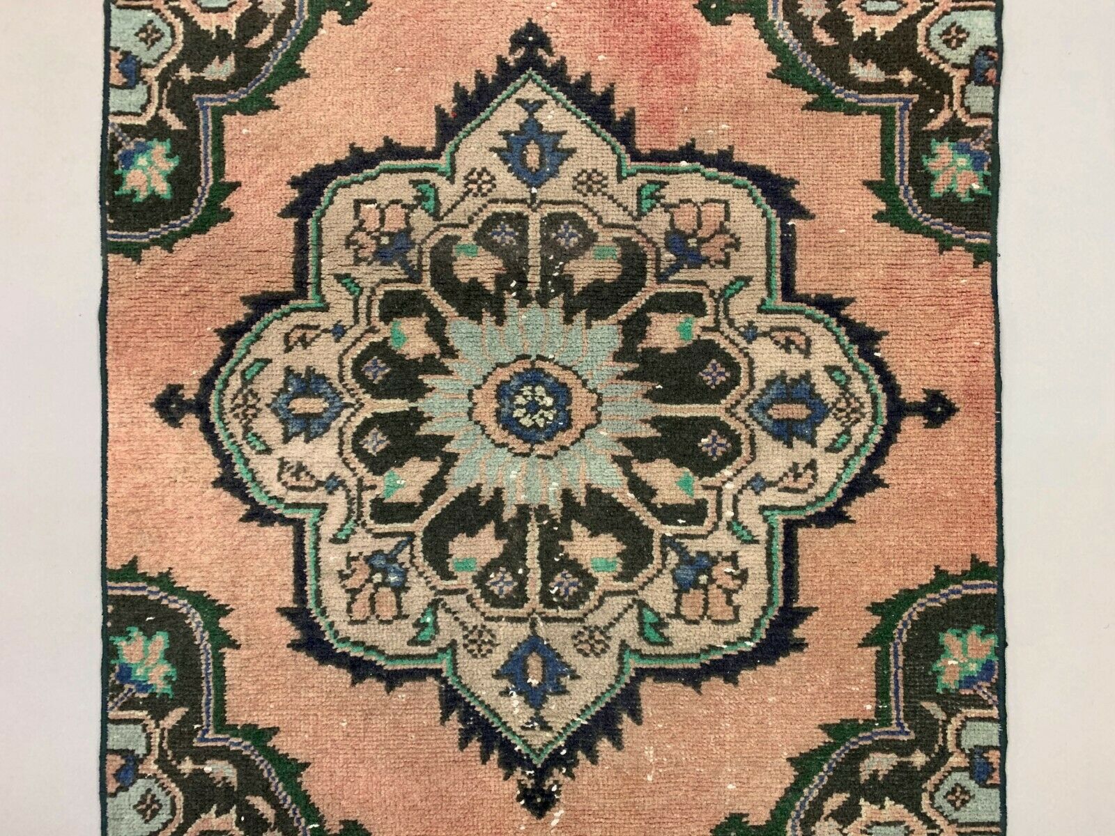 Distressed Turkish Runner 410x80 cm wool Vintage Tribal Rug Pink Green kilimshop.myshopify.com