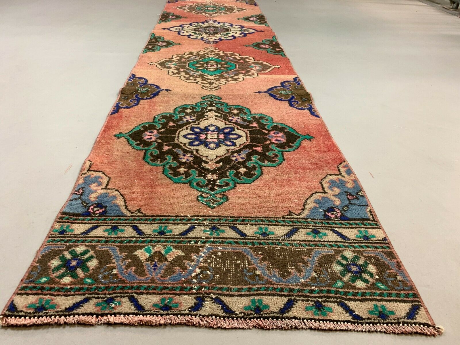 Distressed Turkish Runner 380x72 cm wool Vintage Tribal Rug Pink Green kilimshop.myshopify.com