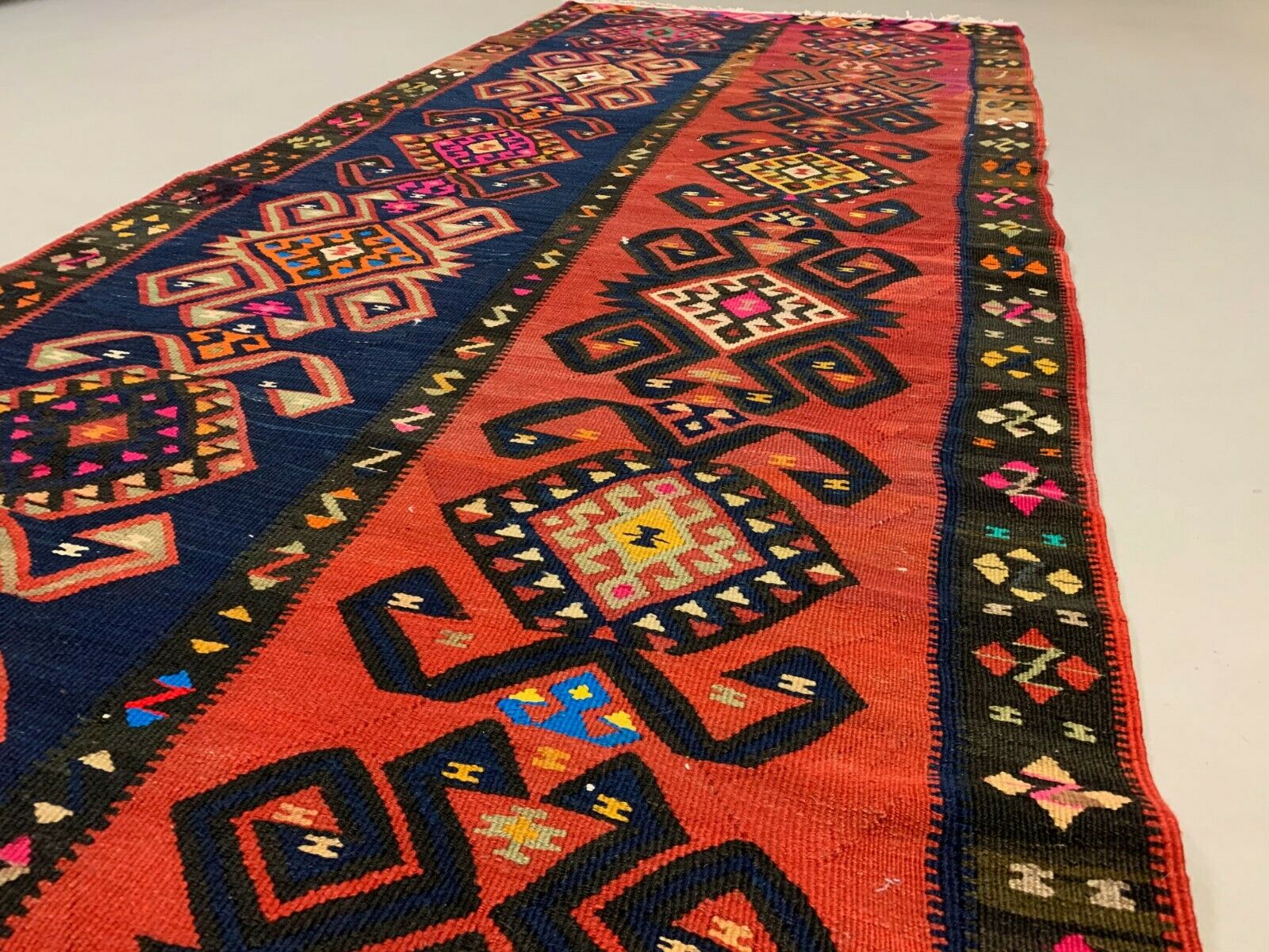 Vintage Turkish Kilim 264x110 cm Wool Kelim Rug Large Red Navy Runner kilimshop.myshopify.com