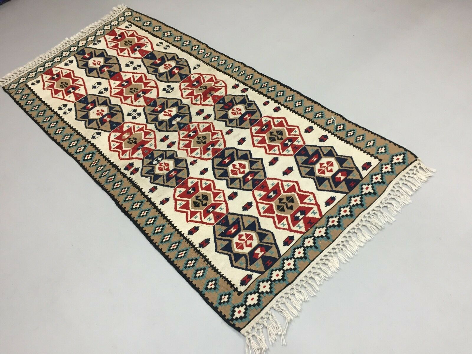 Vintage Turkish Kilim 190x96 cm Wool Kelim Rug Red Green Beige Navy Blue Medium