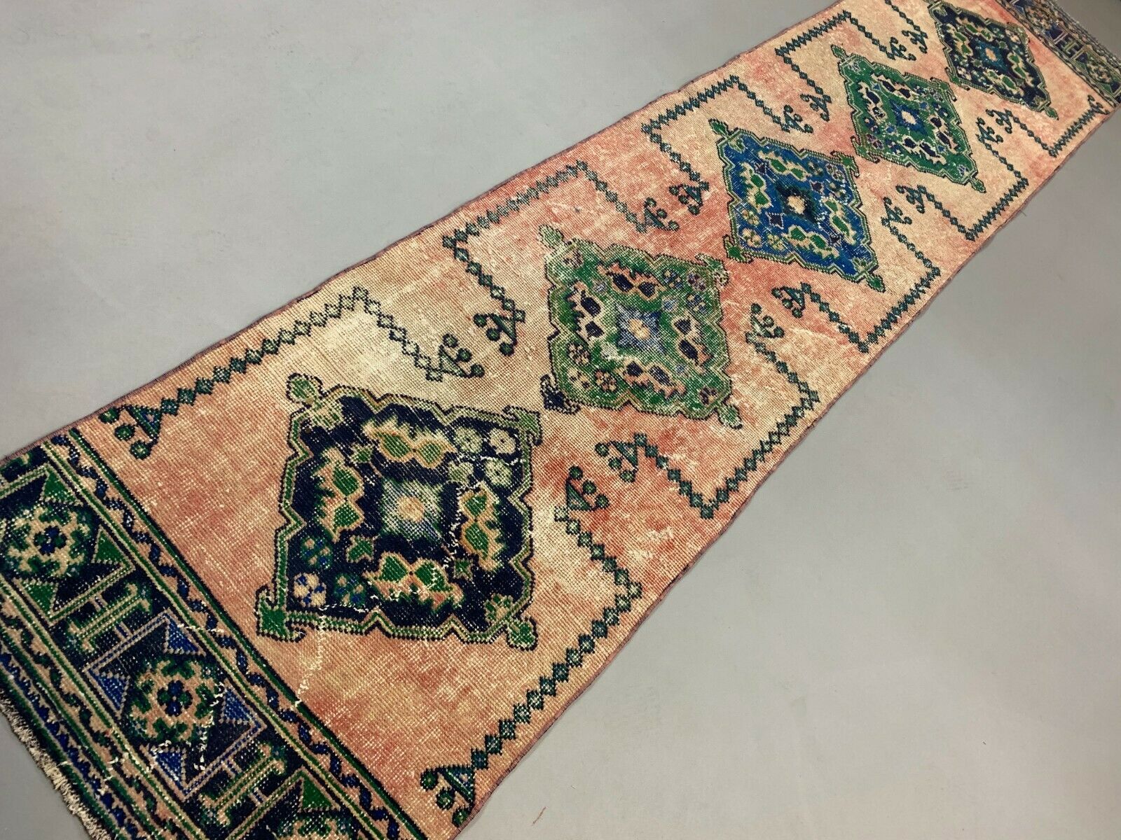 Distressed Turkish Runner 360x79 cm wool Vintage Tribal Rug Pink Green kilimshop.myshopify.com